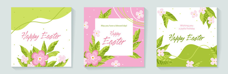 Happy Easter floral card vintage design. Pink peony flowers green leaves spring greeting cards.