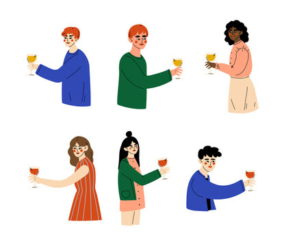 Set of young people holding wine and cocktail glasses. Male and female characters celebrating holiday, drinking alcohol cocktail cartoon vector illustration