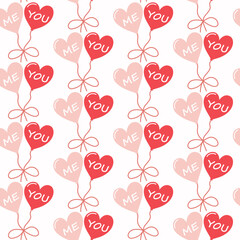 Seamless pattern of hand drawn heart balloons on isolated background. Simple romantic design for Valentine’s Day, wedding and mother’s day celebration, greeting card, home decor, textile, print.