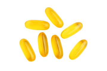 Yellow capsules of omega-3, fatty acid pills, nutritional supplement, isolated on transparent...