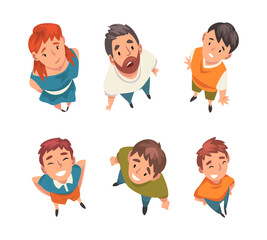 Top view of people looking up set. View from above of man, woman and children cartoon vector illustration