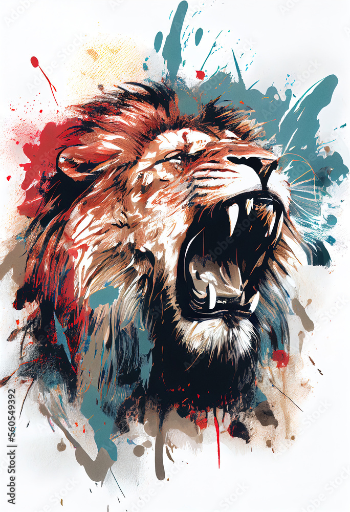 Poster angry shouting lion close-up on white background. watercolour brush strokes artistic technique. digi