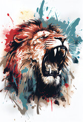 Angry shouting lion close-up on white background. Watercolour brush strokes artistic technique.  
Digitally generated AI image.