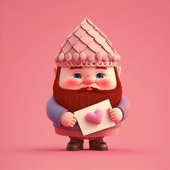 Cute dwarf holding an envelope with a pink heart, valentine, valentines day, love, isolated on pink background, generative ai