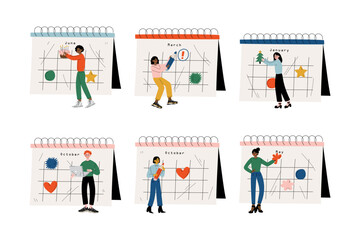 Male and female characters checking events in big calendar set. People planning schedule and agenda. Time management concept cartoon vector illustration