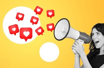 Hand with megaphone and likes icons, social media concept.