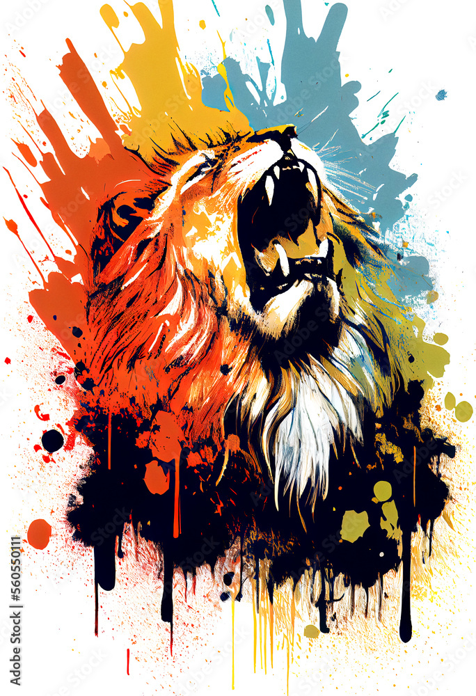 Poster angry shouting lion close-up on white background. watercolour brush strokes artistic technique. digi