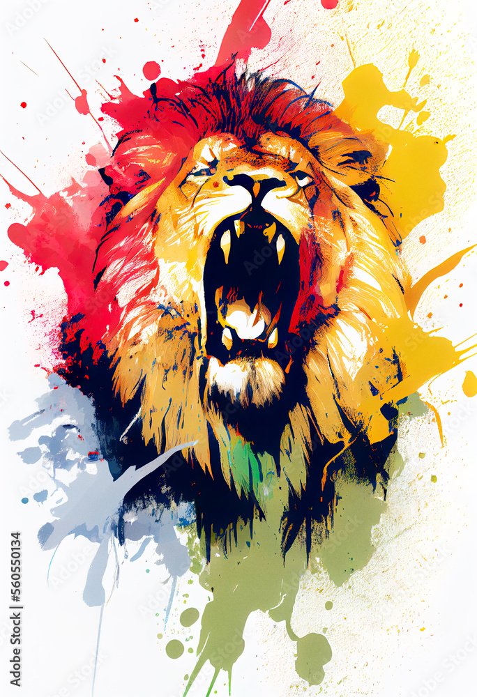 Poster angry shouting lion close-up on white background. watercolour brush strokes artistic technique. digi