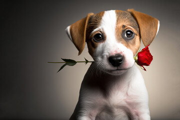 Portrait of a puppy  with flowers in his mouth. Women's Day. March 8, February 14, valentine's day greeting card with cute dog