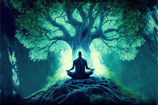Trippy Meditation Under a Huge Tree - Phychedelic Spiritual Trip - Digital Illustration - Generative AI