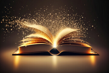 Ein offenes Buch, aus dem Glitzer herausfliegen, ideal für Fantasy- und Literaturhintergründe - AI generiert
