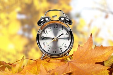 Alarm retro clock and autumn dry leaves
