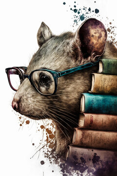 Leseratte : Doppelbelichtung von einer Ratte mit Brille und Bücher isoliert auf weißen Hintergrund - Ai generiert