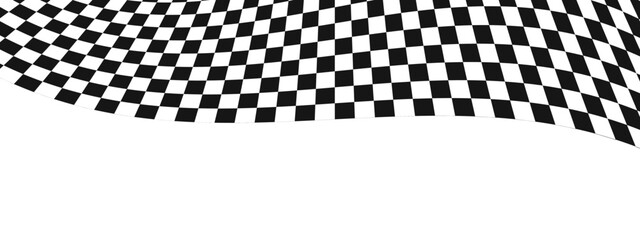 Winding race flag background. Warped black and white squares pattern. Motocross, rally, sport car competition wallpaper with copyspace. Checkered waving texture