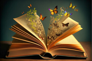 Ein offenes Buch, aus dem Schmetterlingen herausfliegen, ideal für Fantasy- und Literaturhintergründe - AI generiert