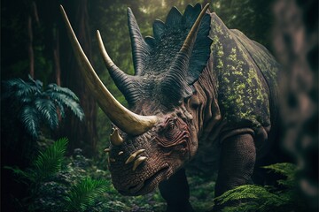 Triceratops dinosaur, ancient herbivore dinosaur, extinct animal. Generative AI