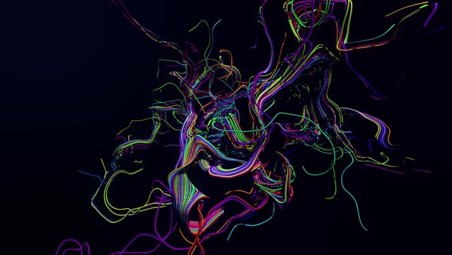 AI signals. 4k abstract looped bg. Multicolor flash of curved lines. Concept of neural network, artificial intelligence. Running neon lights like garland or lightnings. Luma matte as alpha channel