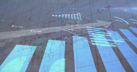 Image of financial data over mathematical equations in school notebook