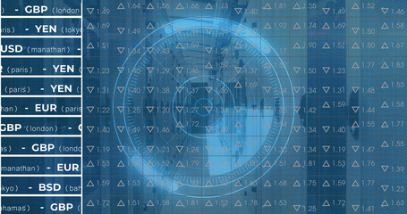 Image of digital data processing and digital interface and grid over blue background