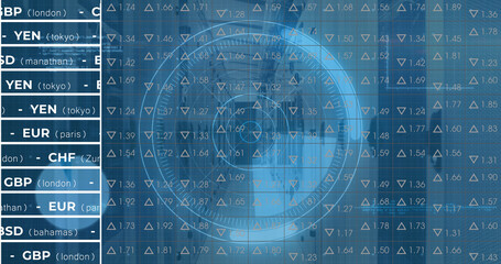 Image of digital data processing and digital interface and grid over blue background