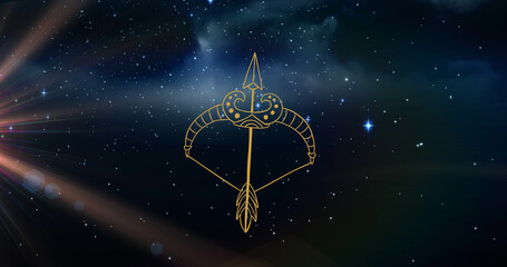 Image of sagittarius star sign over sun shining and stars on night blue sky