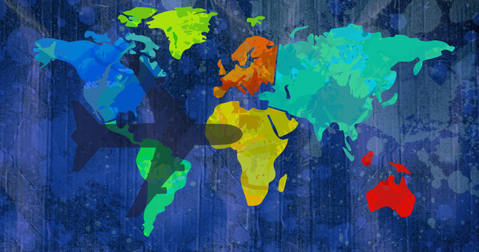Image of airplane shadow flying over multi coloured world map