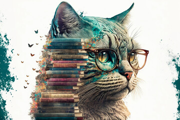 Doppelbelichtung von einer Katze mit Brille und Bücher isoliert auf weißen Hintergrund - Ai generiert