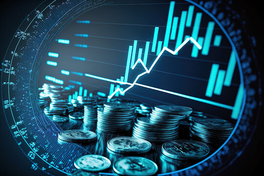 On A Background Of An Economy Coin, A Blue Money Business Graph Finance Chart Diagram With A Growth Financial Data Concept Or An Investment Market Profit Bar And Success Market Stock Technology Curren