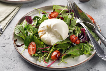 Plates with arugula and spinach salad with fresh cherry tomatoes and italian fresh cheese burrata...