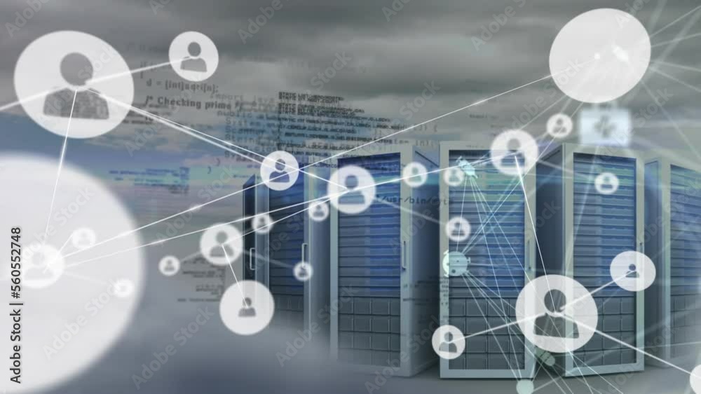 Poster animation of network of connections with icons over server room and data processing