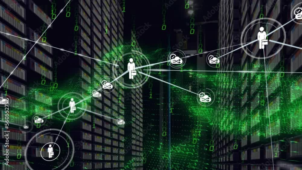 Poster animation of network of connections with icons over server room and data processing