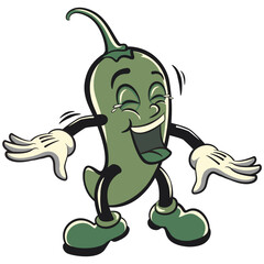 vector vintage illustration of green chili character cartoon mascot laughing out loud