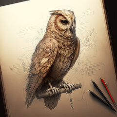Draw Brown owl. Realistic illustration, Beautiful north wild bird. Generative AI