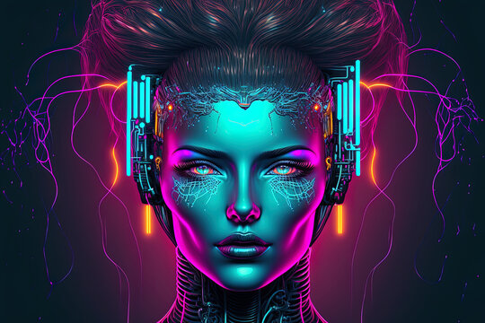 Artificial intelligence. Cyborg female head with a brain made of ANNs. neon cyberpunk in the 1980s fashion. artificially intelligent computerized female robot face. Banner for electronic technology in