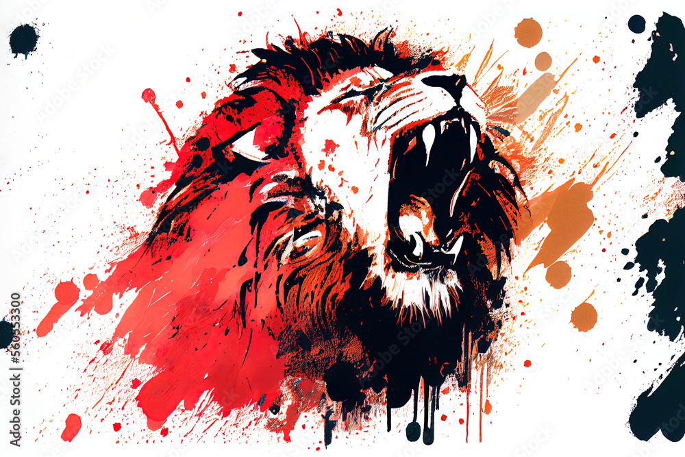 Poster angry shouting lion close-up on white background. watercolour brush strokes artistic technique. digi