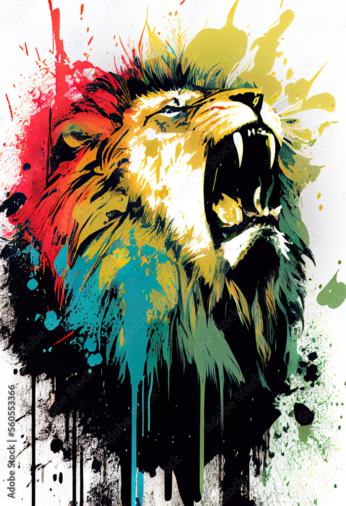 Poster Angry shouting lion close-up on white background. Watercolour brush strokes artistic technique.  
Digitally generated AI image.