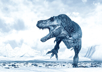 Fototapeta premium tyrannosaurus rex is under attack on ice land