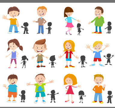 cartoon happy kids characters with silhouettes set