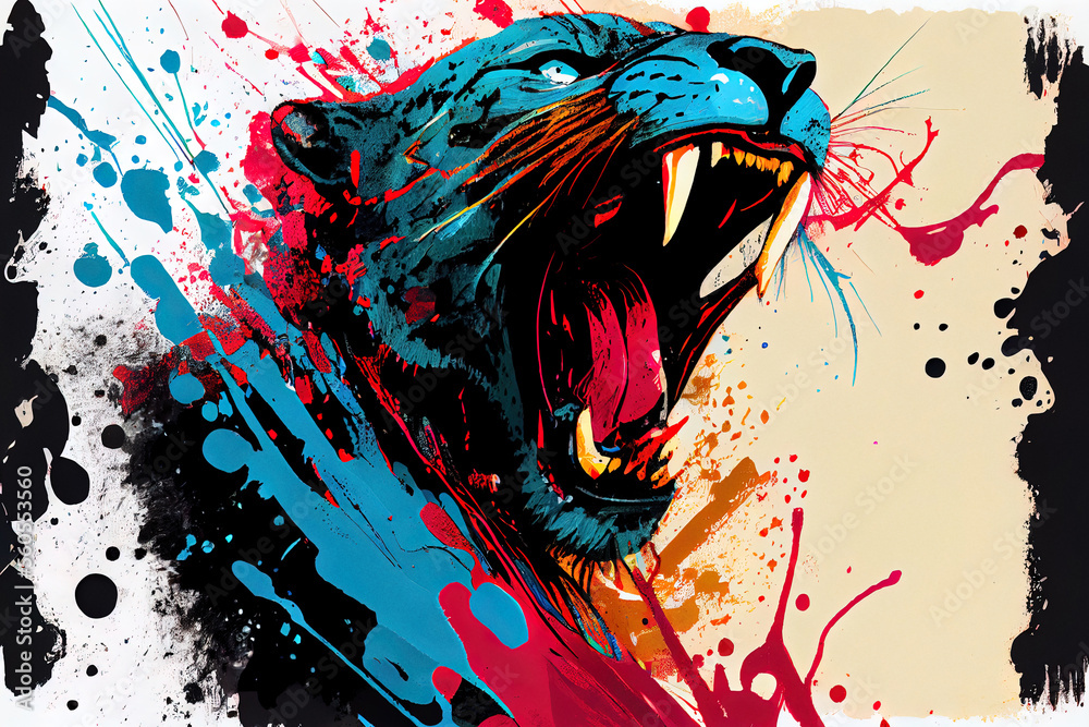 Poster angry shouting panther close-up on white background. watercolour brush strokes artistic technique. d