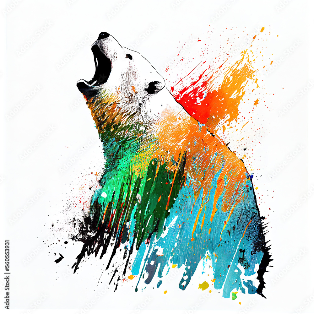 Poster angry shouting polar bear close-up on white background. watercolour brush strokes artistic technique