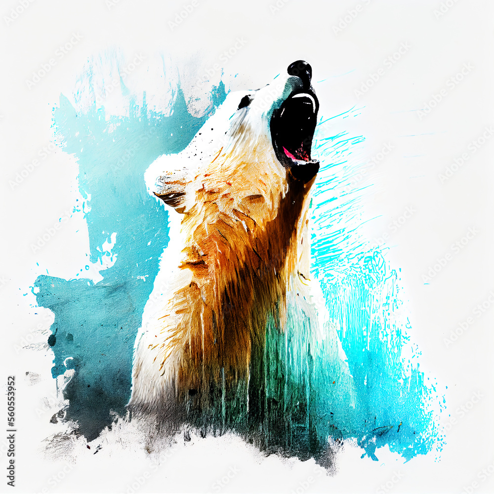 Poster angry shouting polar bear close-up on white background. watercolour brush strokes artistic technique