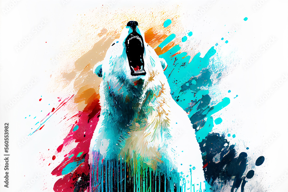 Poster angry shouting polar bear close-up on white background. watercolour brush strokes artistic technique