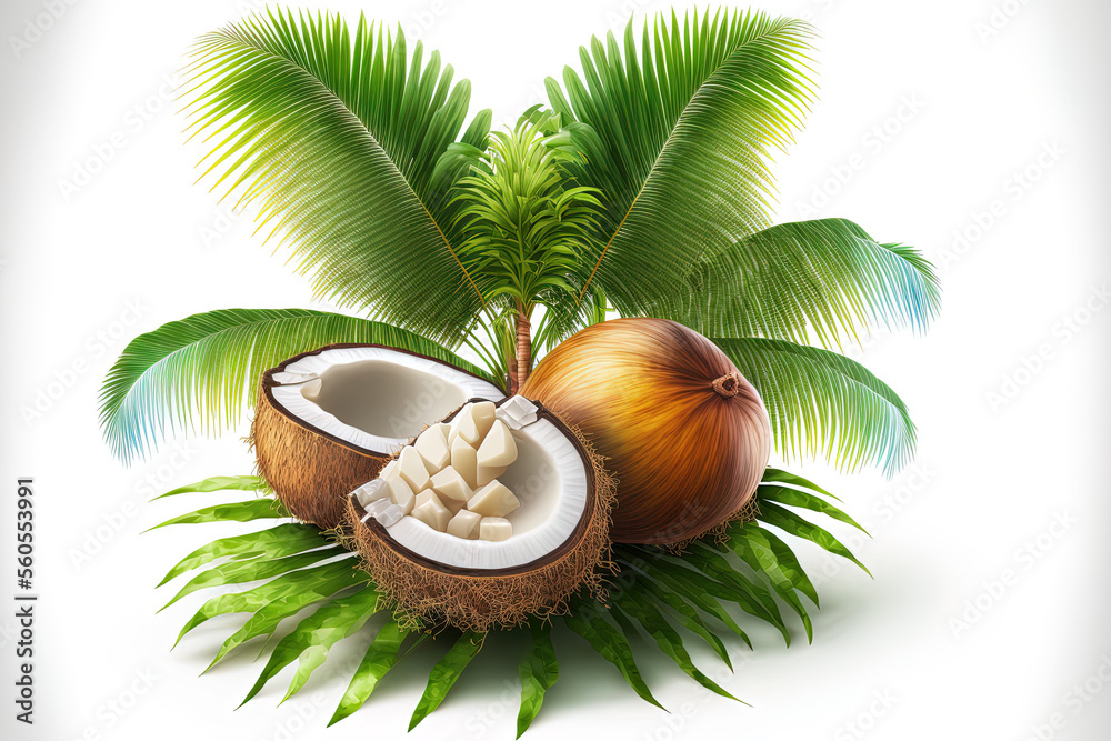 Poster palm tree with coconuts isolated on a white background. Generative AI