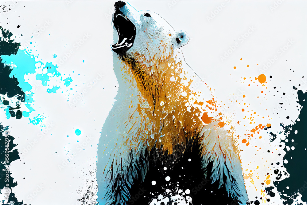 Poster angry shouting polar bear close-up on white background. watercolour brush strokes artistic technique