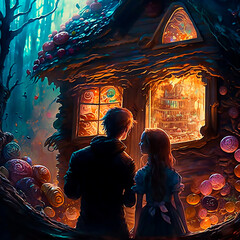 hansel and gretel in the candy house in the woods fantasy painting