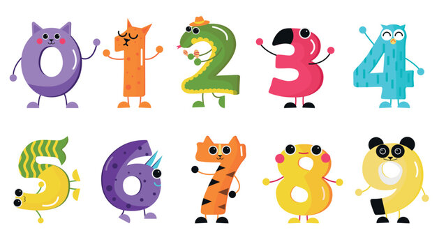 Set of funny numbers in cartoon style. Vector illustrations of animal number characters: cats, crocodile, flamingo, owl, fish, dinosaur, tiger, panda for kids learning math on white background.