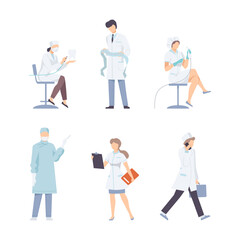 Set of doctors characters in uniform. Medical staff making examination and treatment procedures during work flat vector illustration