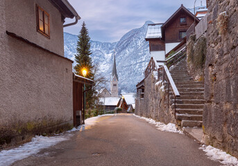 Hallstatt. Scenic view of the city and the lake at sunset.