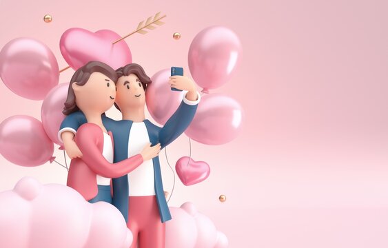 Couple Taking a Selfie on Valentine's Day. 3D Illustration