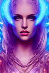 portrait of a woman with makeup and neon lights - gorgeous cyberpunk goddess - illustration - fantasy - science fiction - Generative AI